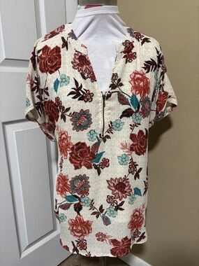 Maurices Cream Floral Zip-Front Polo with Rust & Teal Accents